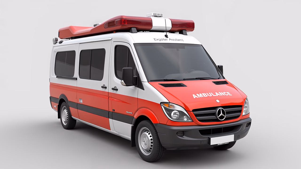 Detailed illustration of a red and white ambulance with Mercedes-Benz branding.