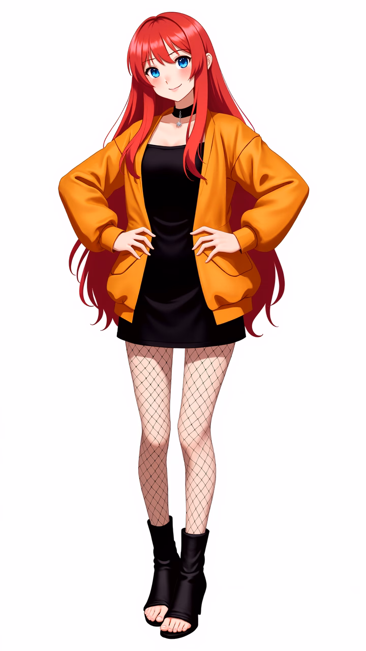 Anime-style illustration of a confident red-haired girl in a bomber jacket.