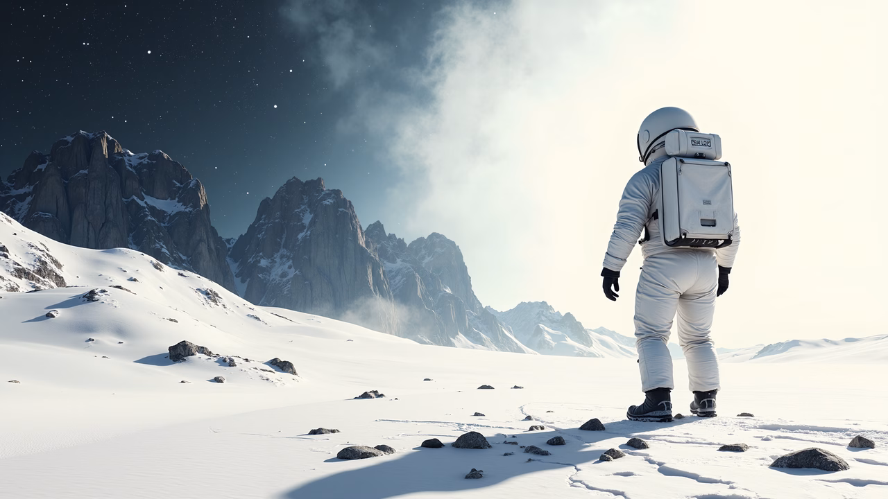 Astronaut in snowy mountains under starlit sky