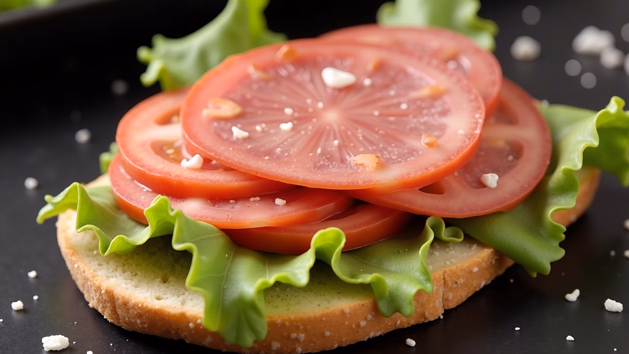 Close-up of a fresh tomato sandwich with lettuce and bread, sprinkled with salt.