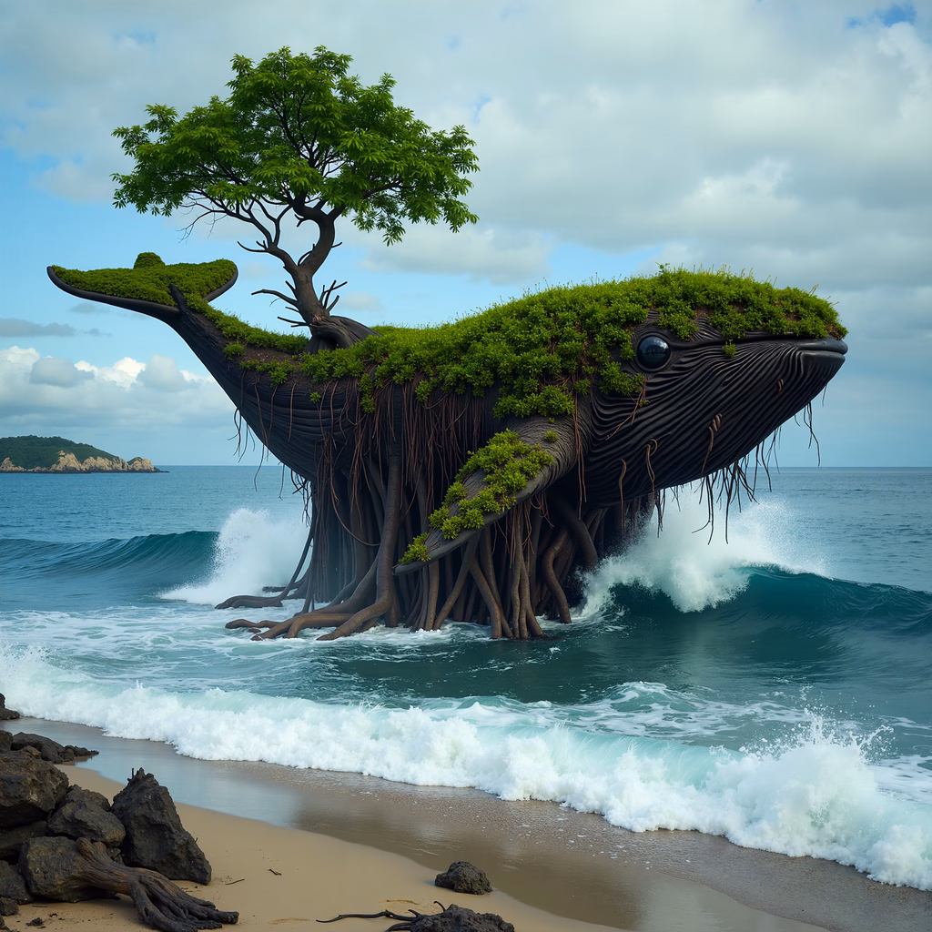 A fantastical whale with a green island growing from its back, blending nature and fantasy.