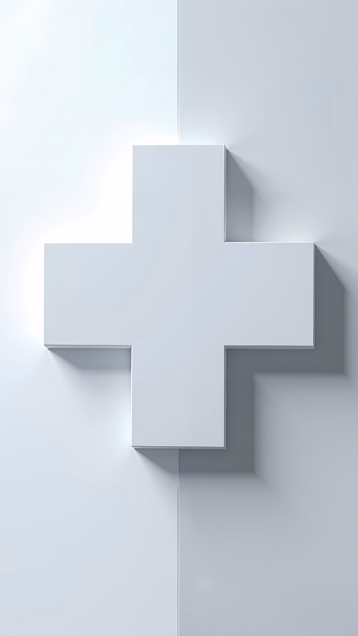 Minimalist plus sign made of white cubes on a light gray background.