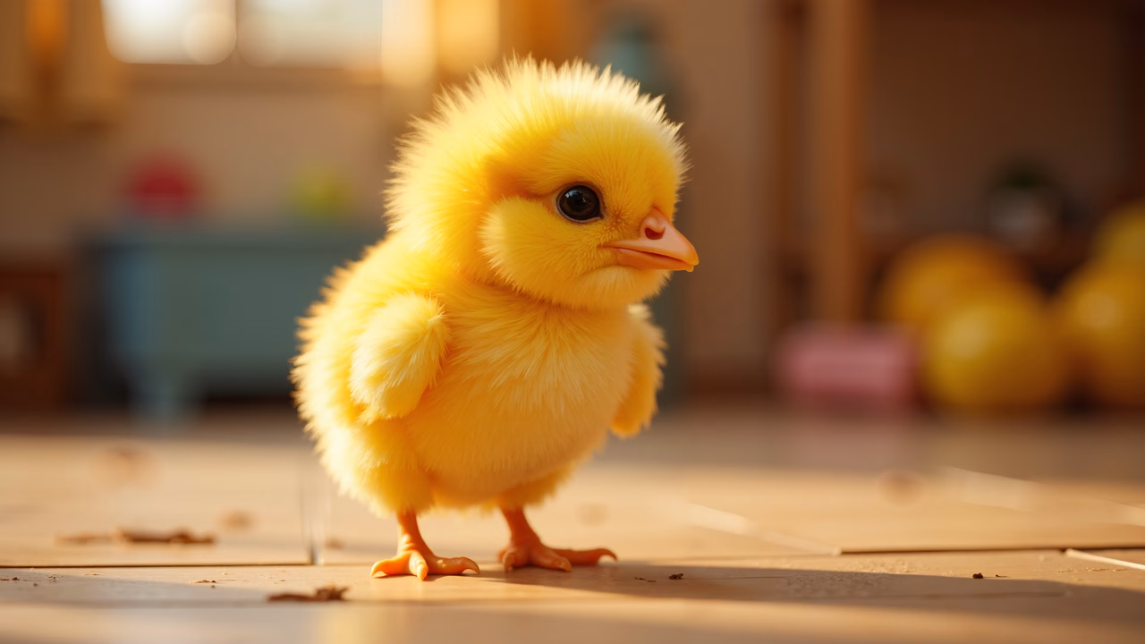 Cute yellow chick in a warm, indoor setting.