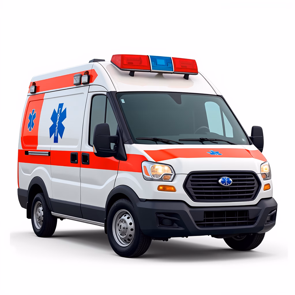 Modern ambulance illustration with red and blue accents and emergency lights.
