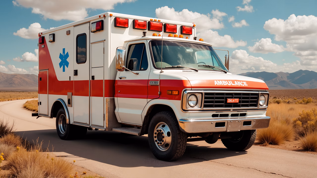 Vintage ambulance parked in a remote desert under a clear sky.
