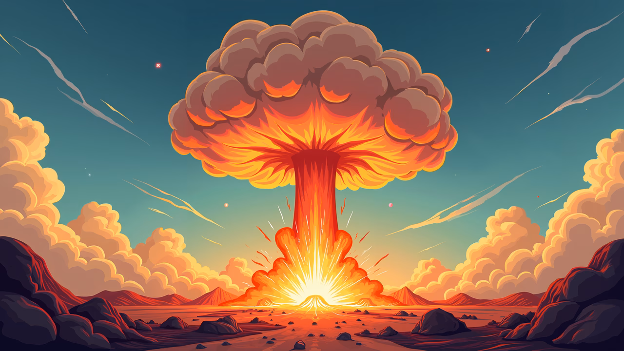 Dramatic atomic explosion with vivid colors and detailed cloud formation.