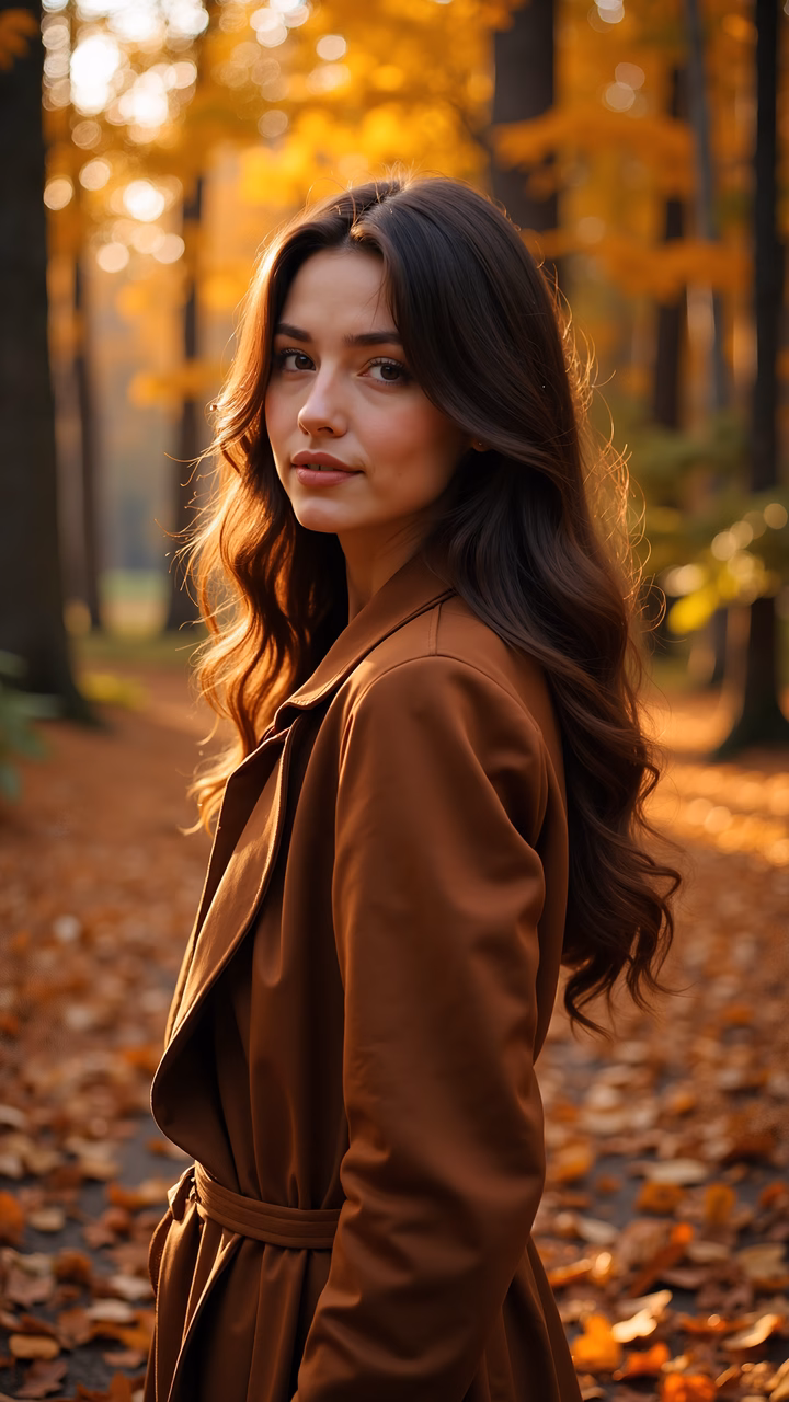 Serene portrait of a woman in a golden autumn forest, bathed in warm sunlight.