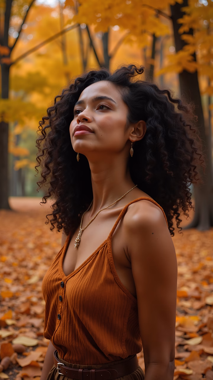 A tranquil autumn portrait featuring a woman in a rust-colored top amidst a colorful forest.