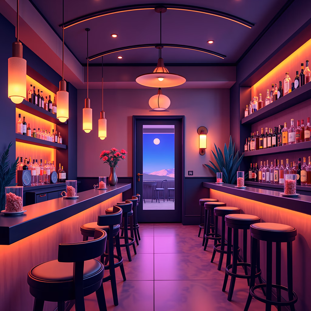 Warmly lit bar interior with mountain view and elegant decor.