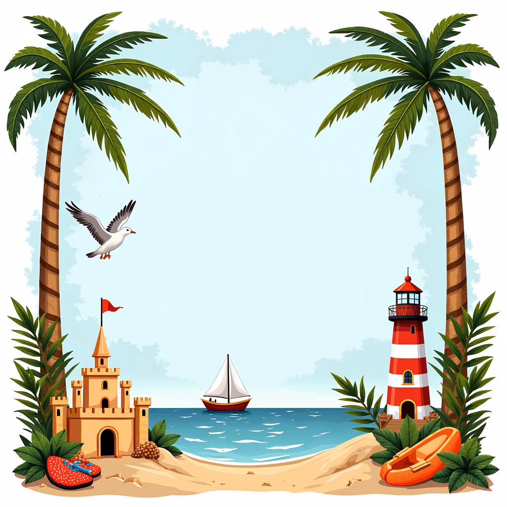 A tranquil beach scene with palm trees, a castle, a lighthouse, and a sailboat.