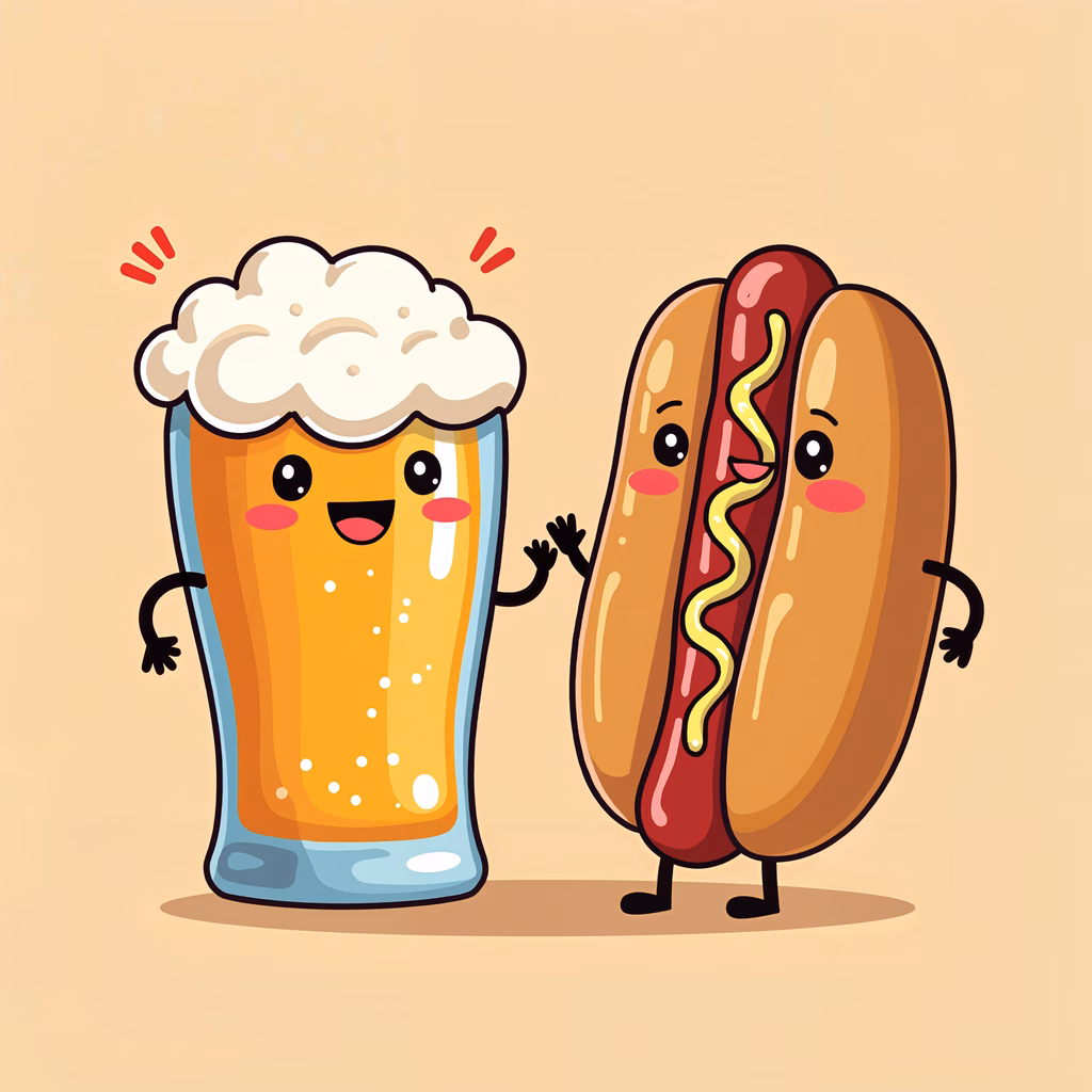 Two animated friends, beer and hot dog, waving and smiling together.