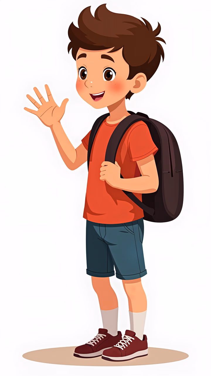 A smiling boy with a backpack, ready for school or an outing.