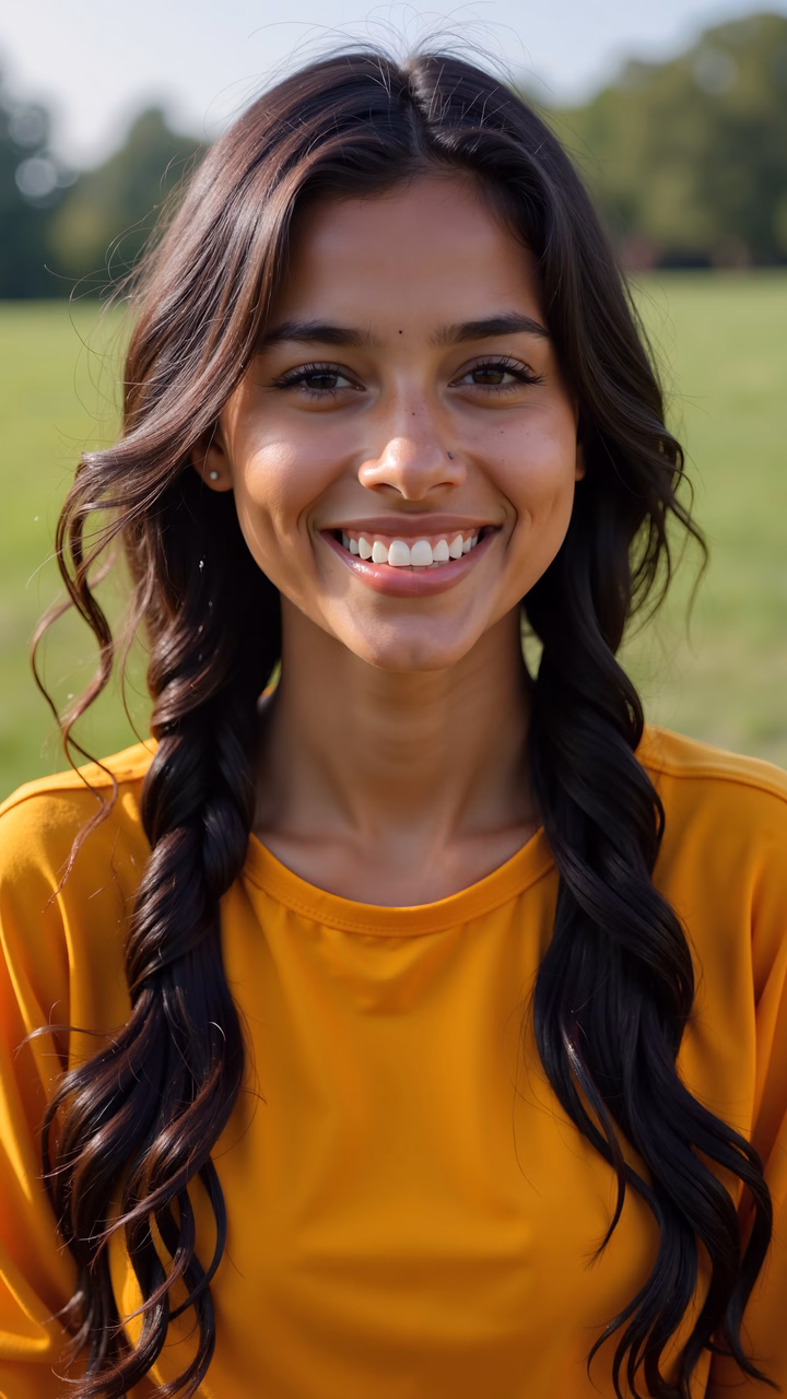 Close-up portrait of a joyful individual in a bright yellow shirt, set against a lush green background.