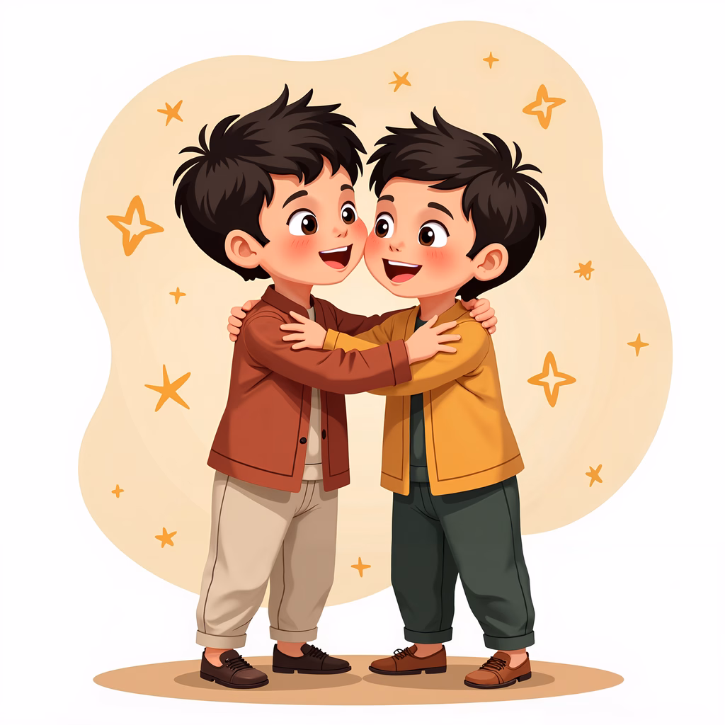 Two brothers share a joyful embrace in a whimsical, pastel-colored illustration.
