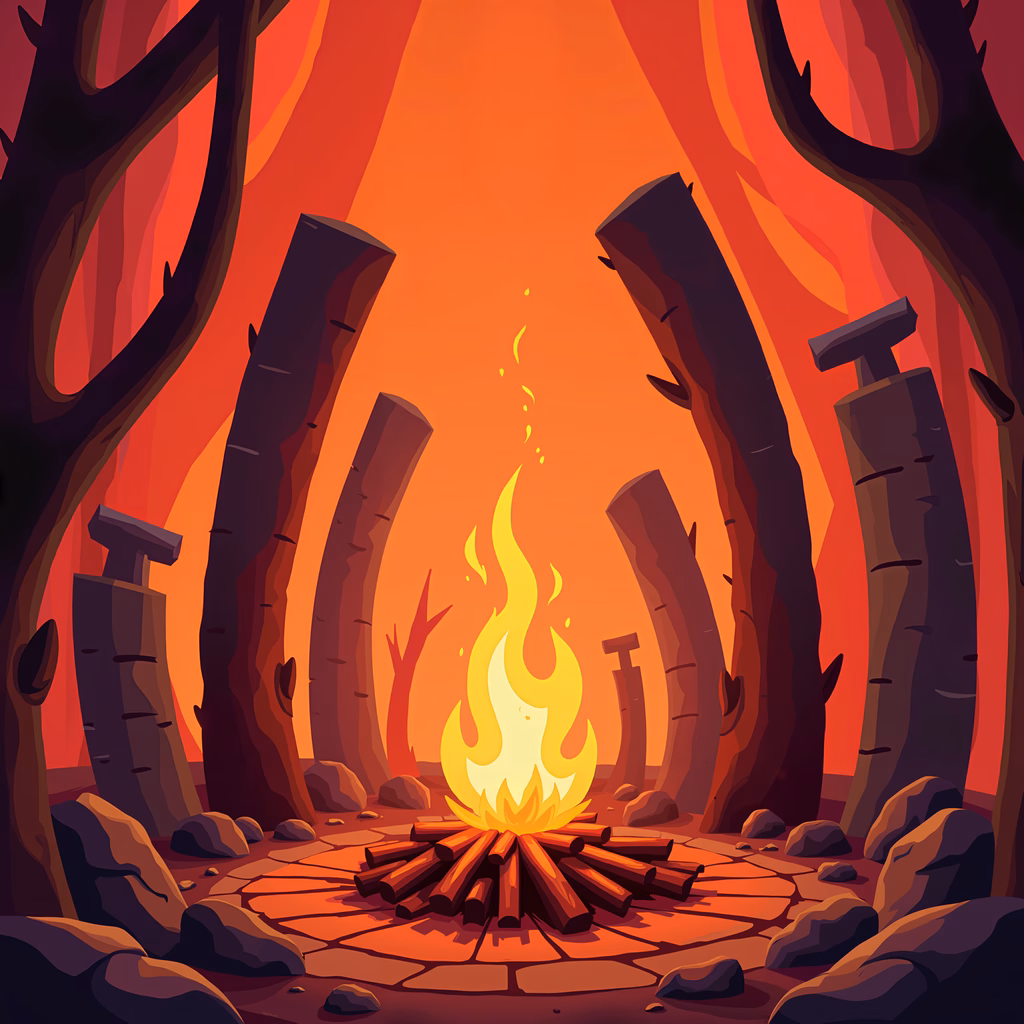 Warm campfire in a forest clearing, inviting tranquility and camaraderie.