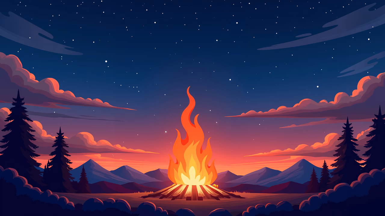A tranquil campfire scene under a starlit sky, perfect for relaxation and nature lovers.