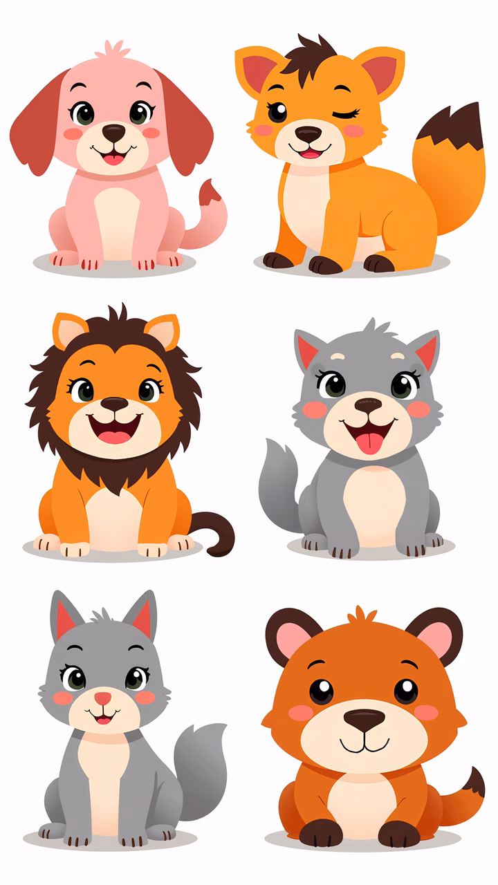 Cute cartoon animals with soft pastel colors and cheerful expressions.