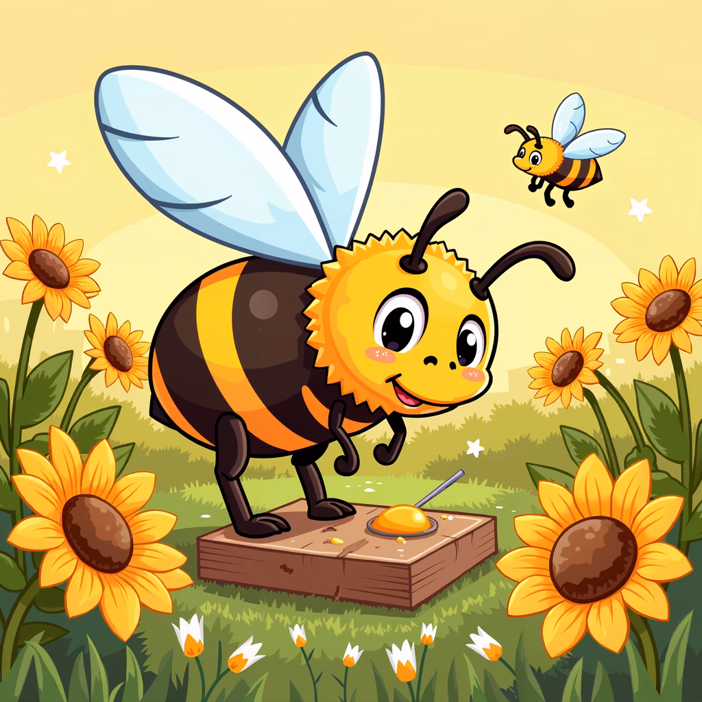 A cute cartoon bee gathering honey in a sunny garden.