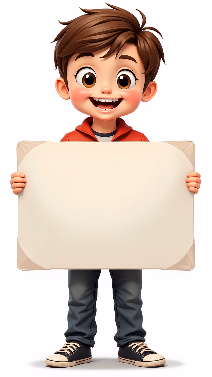 A happy cartoon boy holding a blank sign, perfect for children’s illustrations.