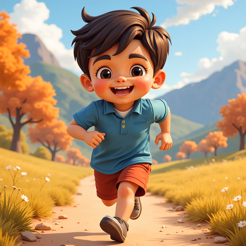 A happy cartoon boy running through a picturesque autumn landscape.