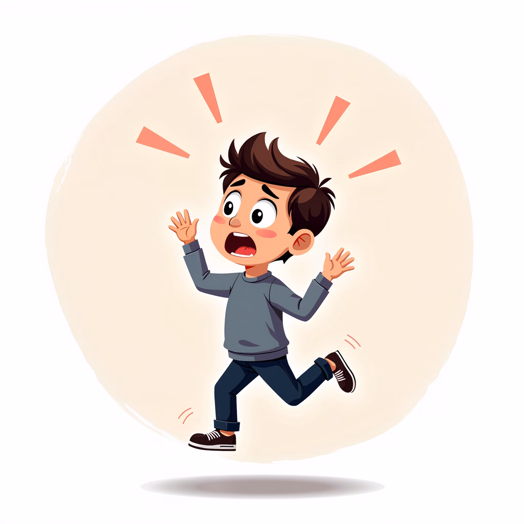 Cartoon boy running with excitement, simple background, playful colors.