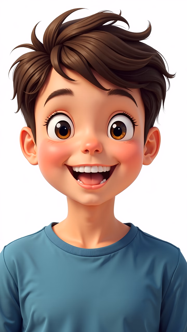 A joyful cartoon boy with a bright smile and expressive eyes, wearing a simple blue shirt.