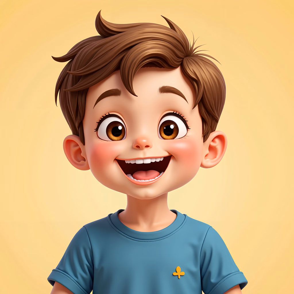 A happy cartoon boy with expressive eyes and a bright smile against a warm yellow backdrop.