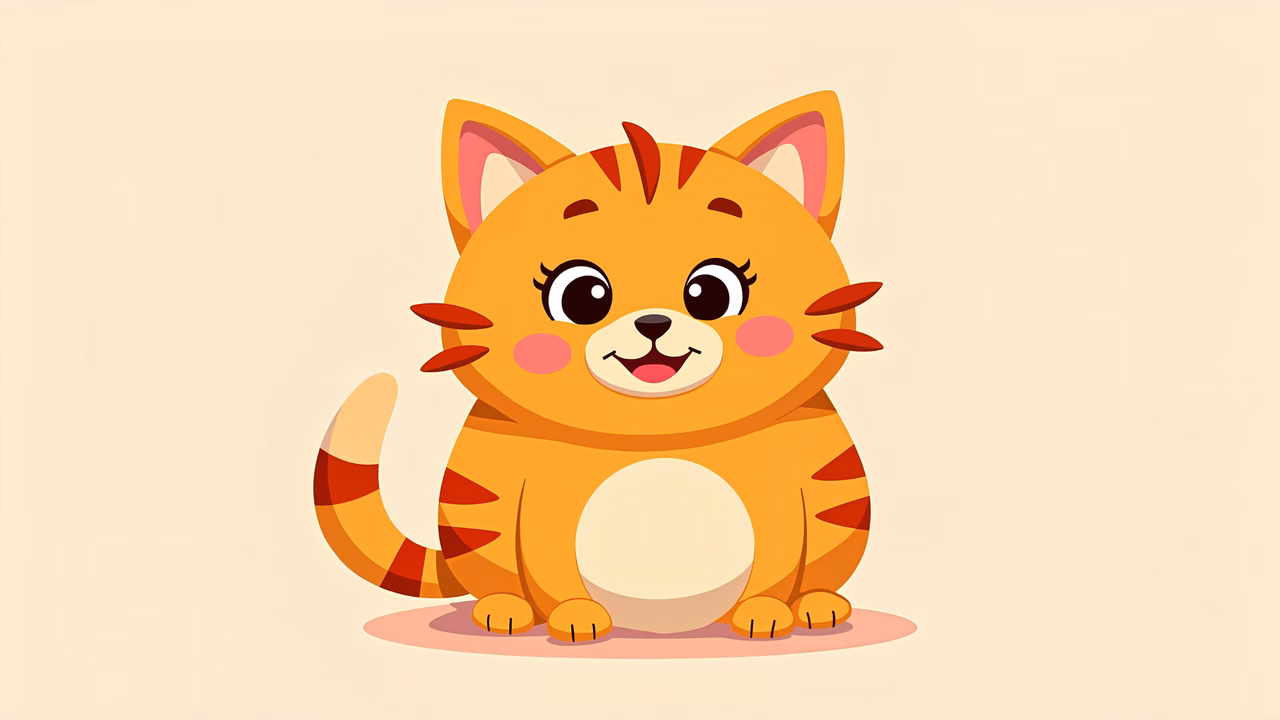 A cute, cartoon-style cat with a bright smile and playful stripes, perfect for children's art.
