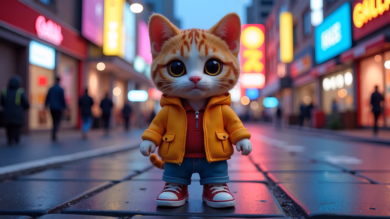 Cute cartoon cat in a bustling urban night setting, wearing a yellow hoodie and blue jeans.