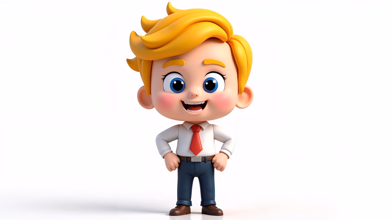 Brightly colored cartoon character dressed formally, standing confidently against a white backdrop.