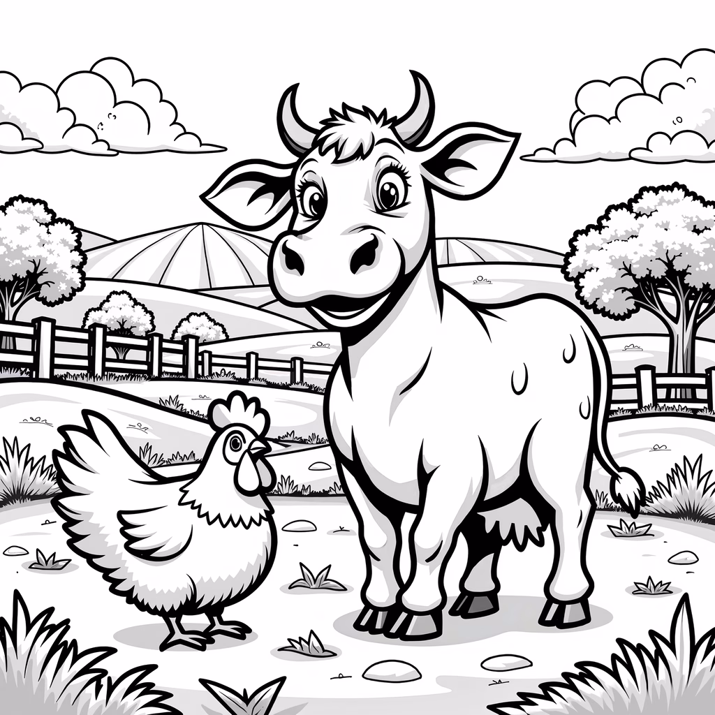 A cute cartoon cow and chicken in a serene farm setting.