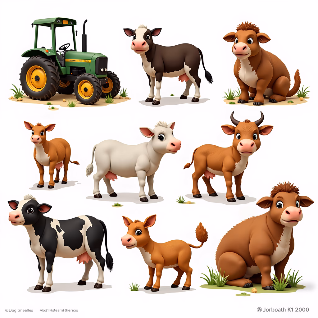 Cute cartoon cows and tractor in a playful rural setting.