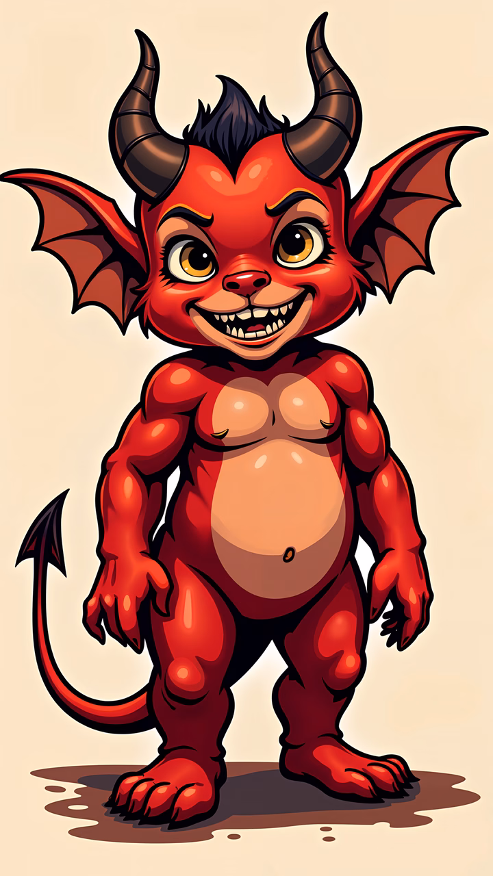 Cartoon devil with exaggerated features and bold colors.