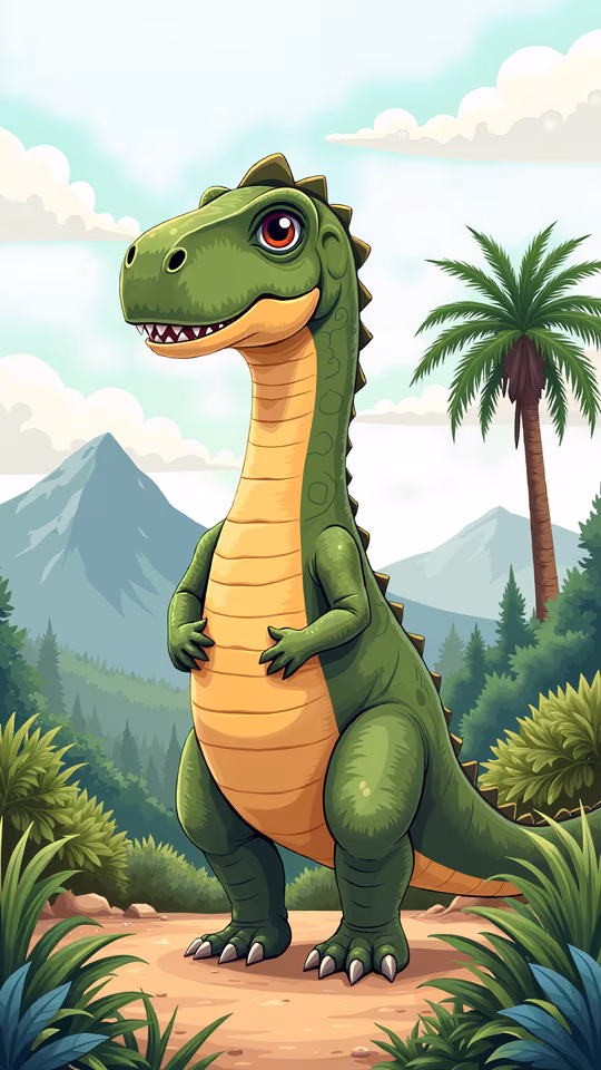 Cartoon Dinosaur in a Prehistoric Landscape