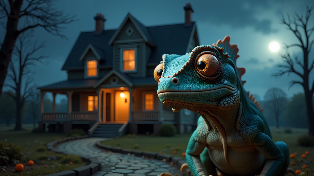 Whimsical dinosaur in front of a cozy house under a full moon, blending fantasy and warmth.