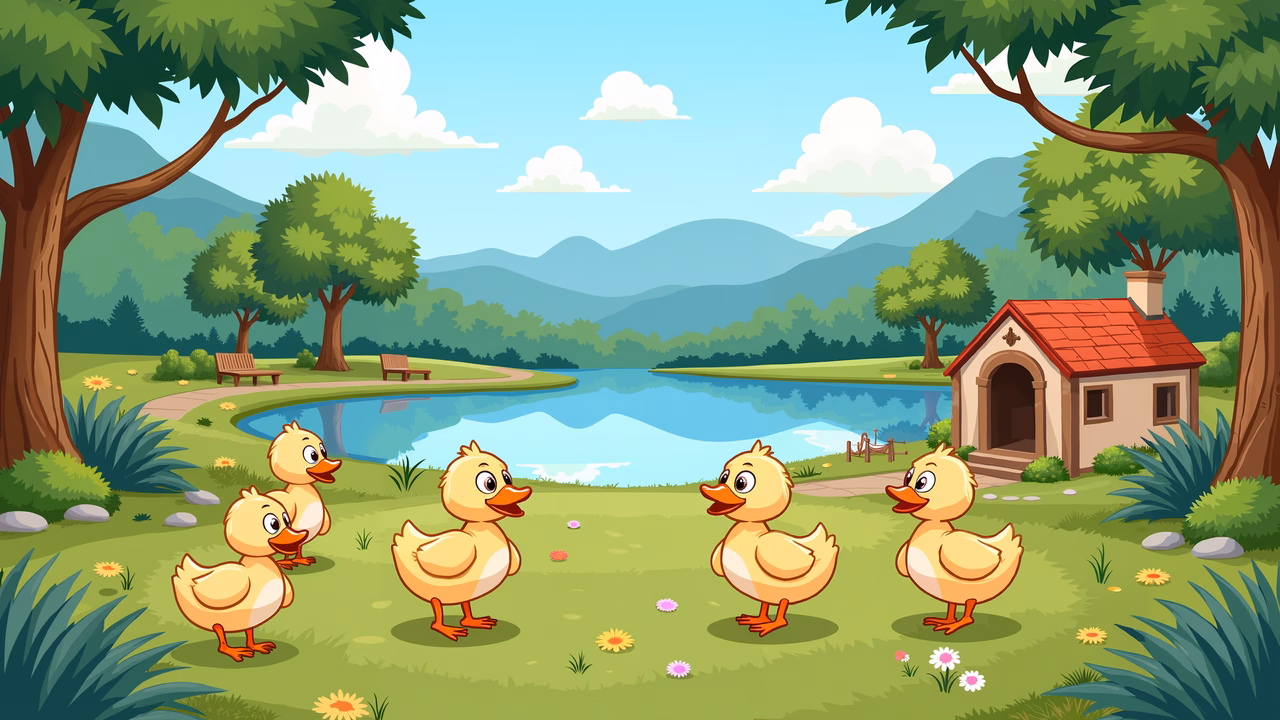 A delightful family of yellow ducks in a peaceful outdoor setting.