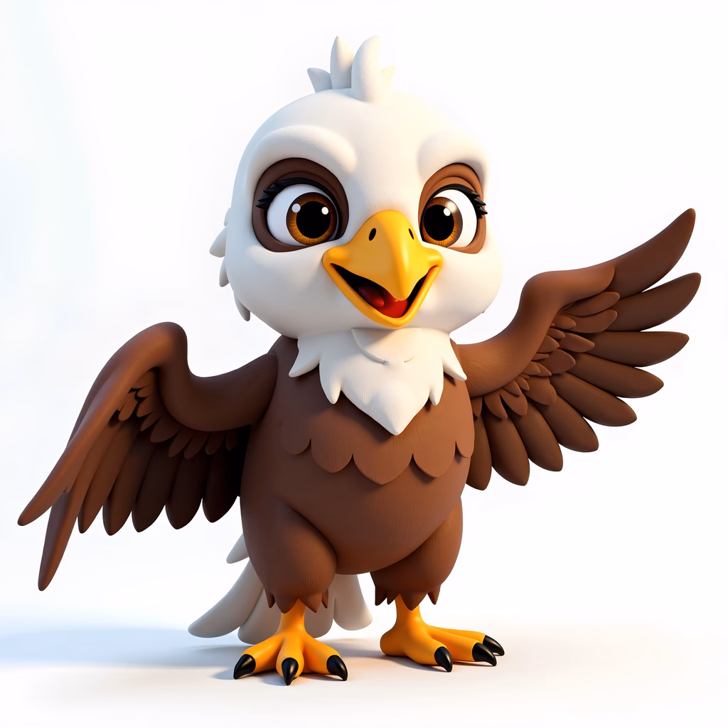 A cute cartoon eagle with big eyes and a friendly smile, perfect for children’s art.