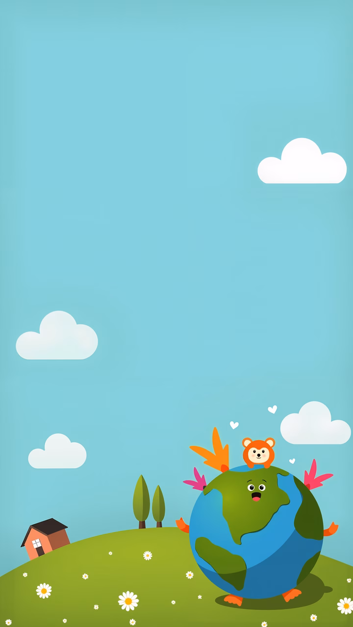 A cute bear atop a smiling Earth under a sunny sky, perfect for children’s decor.
