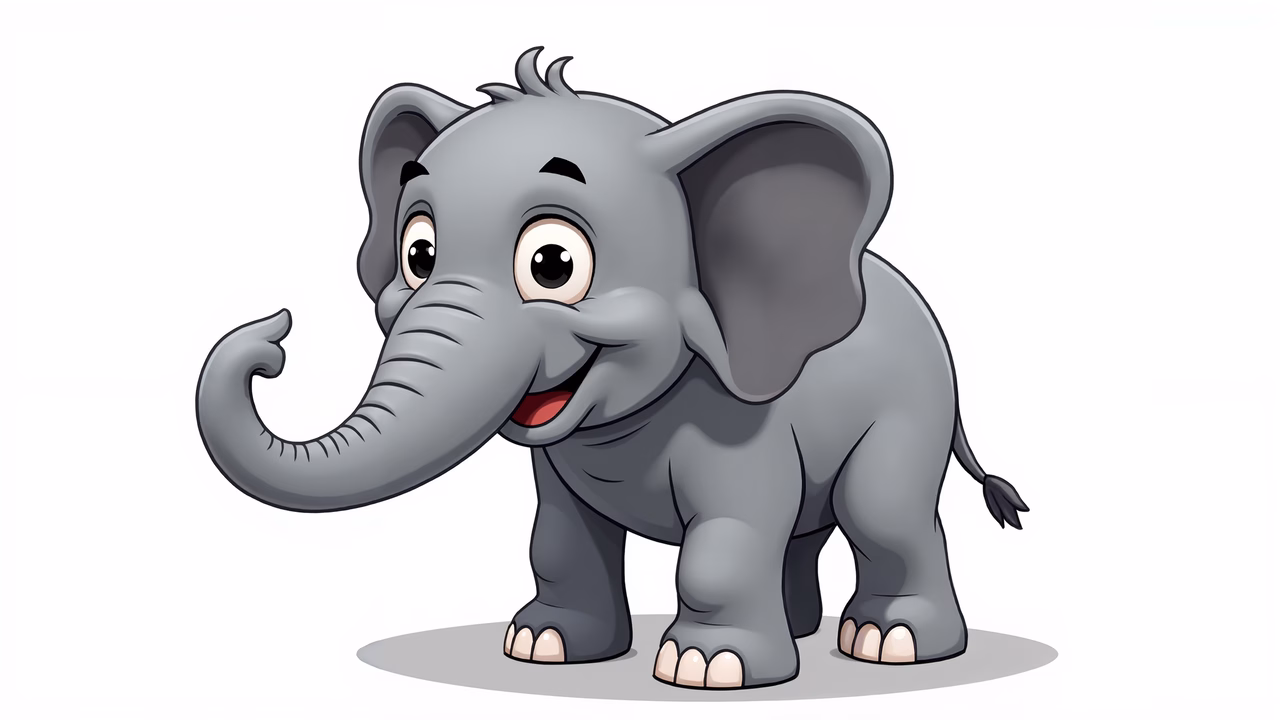 A cute, friendly cartoon elephant with big eyes and a smile, perfect for children's art.