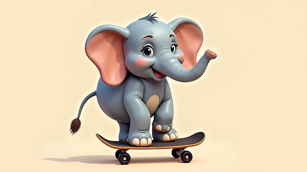 A cheerful cartoon elephant skateboarding with a playful vibe.