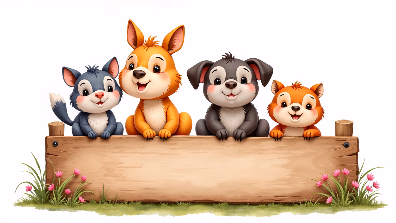 Four cute forest animals sitting behind a wooden signboard, cartoon style, cheerful, playful, nature, friendship