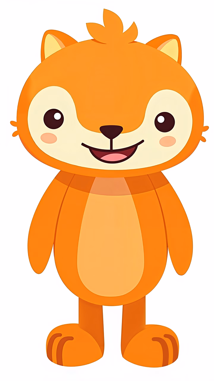A cute cartoon fox with a big smile and warm colors.