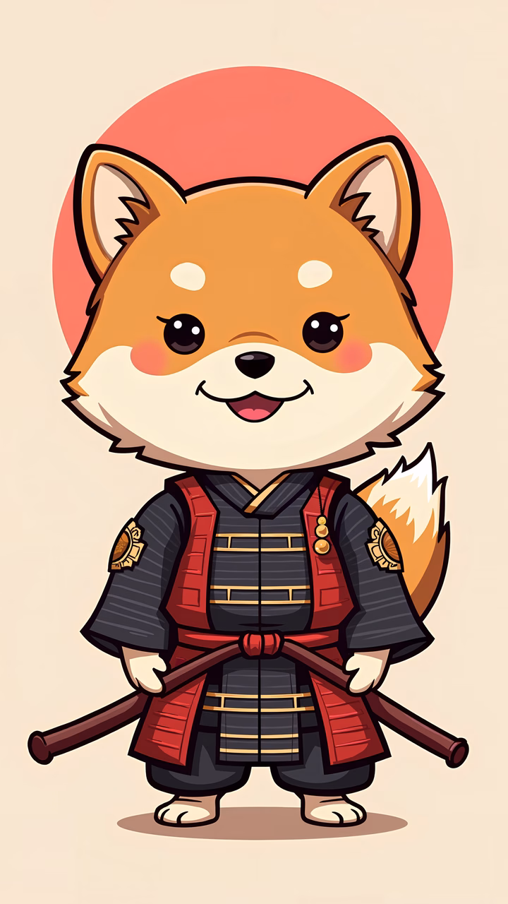 Cute cartoon fox dressed as a samurai warrior, holding a katana, wearing traditional Japanese armor, vibrant colors, whimsical style.