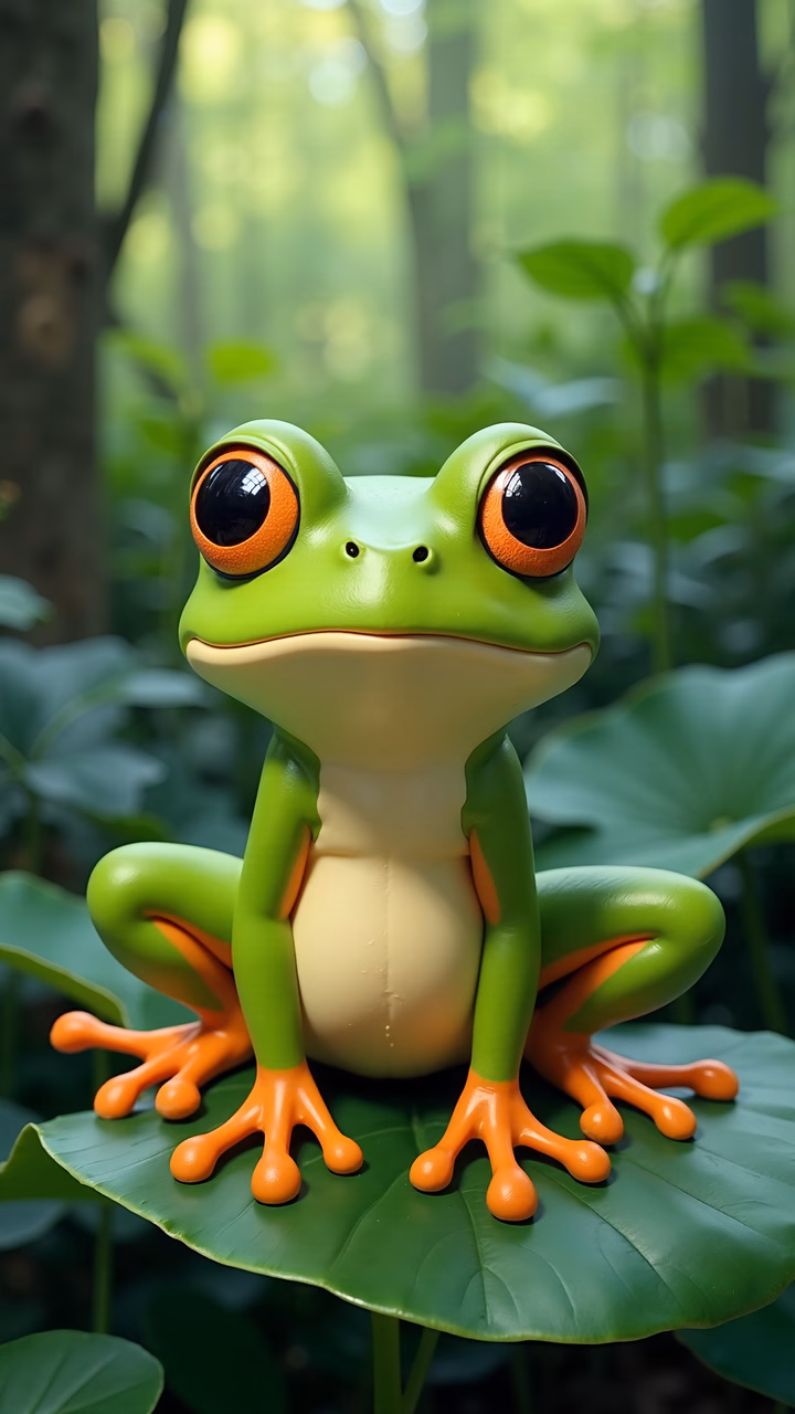 A cheerful cartoon frog in a vibrant forest setting.