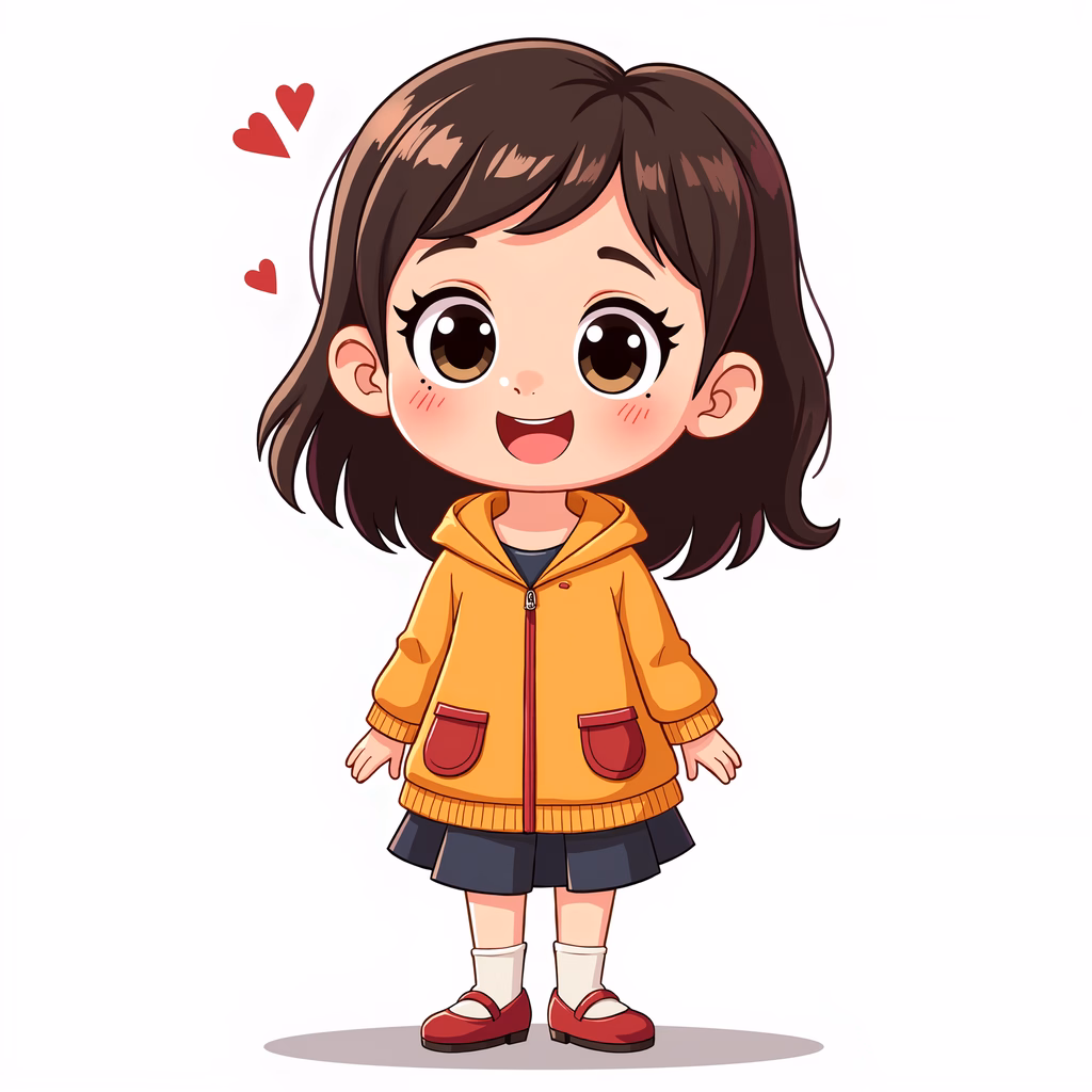 A cute cartoon girl in a yellow hoodie, surrounded by red hearts, exuding warmth and joy.