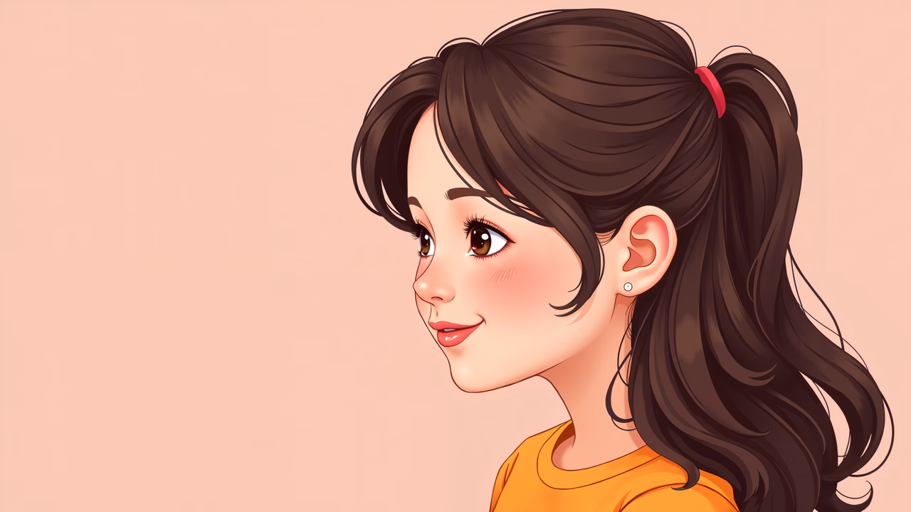 A cute cartoon girl with a ponytail and a warm smile, set against a peach background.
