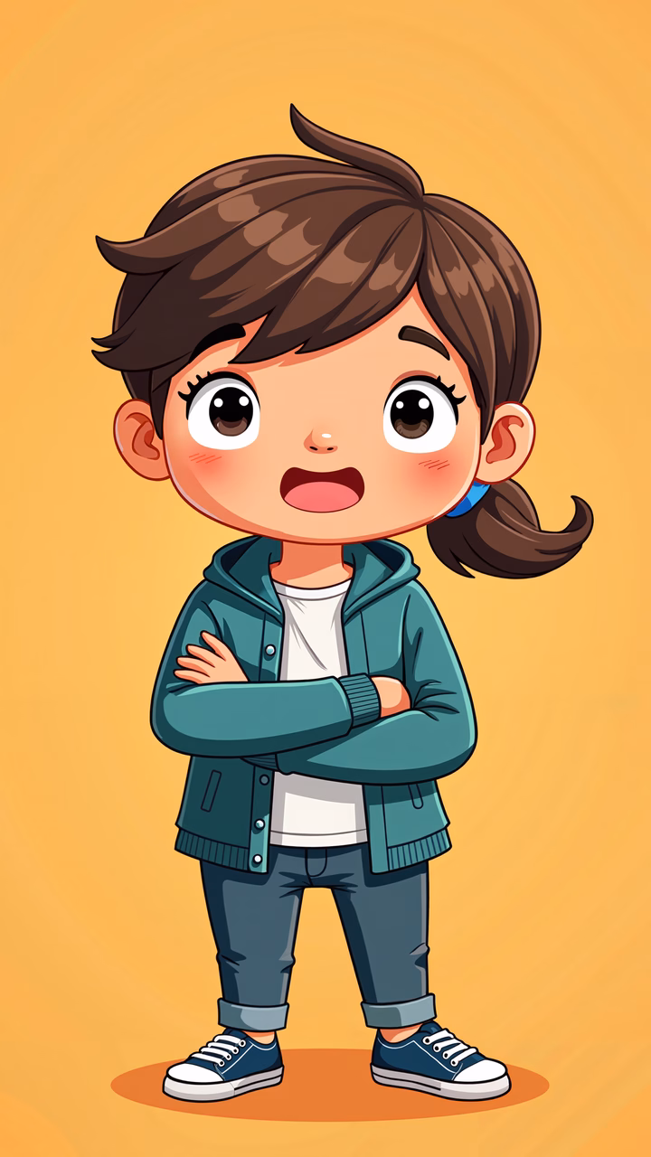 A cute cartoon girl with folded arms, dressed casually, exuding confidence and playfulness.