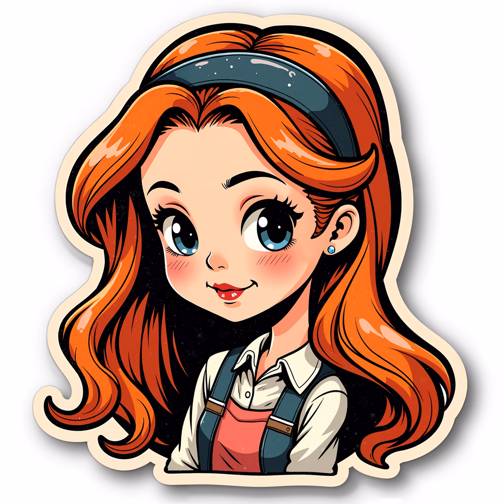 Cartoon girl with orange hair and suspenders, exuding happiness and innocence.