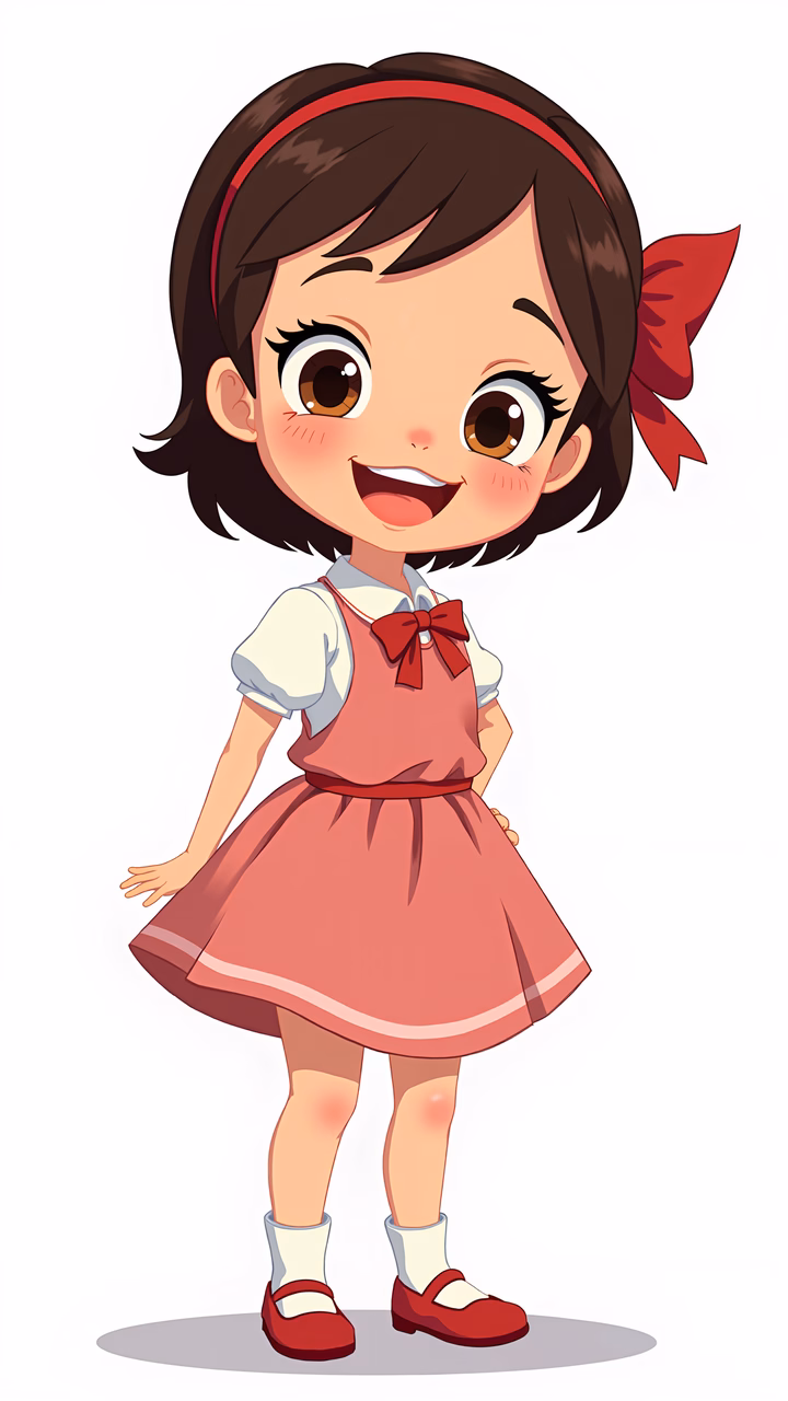 A happy cartoon girl with a red bow, perfect for children's art.