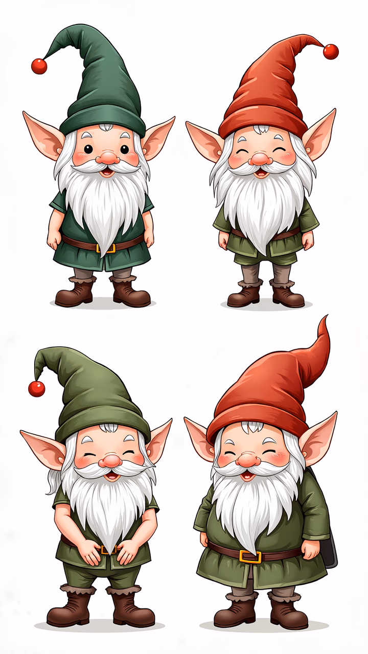 Four cute gnomes in red and green hats, perfect for children's art and storytelling.